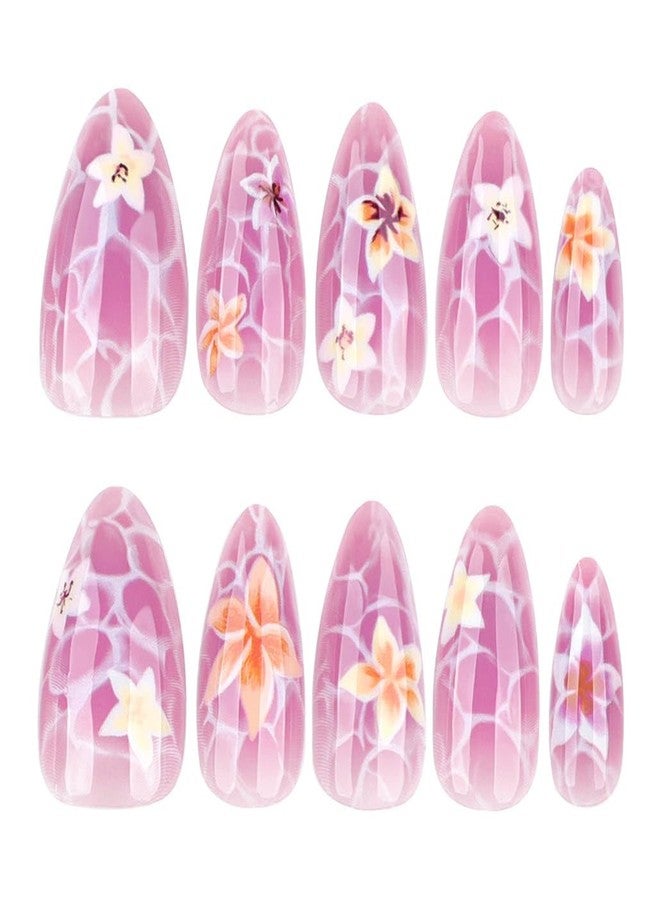 Foccna Press on Nails Almond Medium Pearl White Fake Nails French Glossy 3D Flower False Nail Tips Artificial Nails Finger Manicure for Women 24 pcs - Image 4